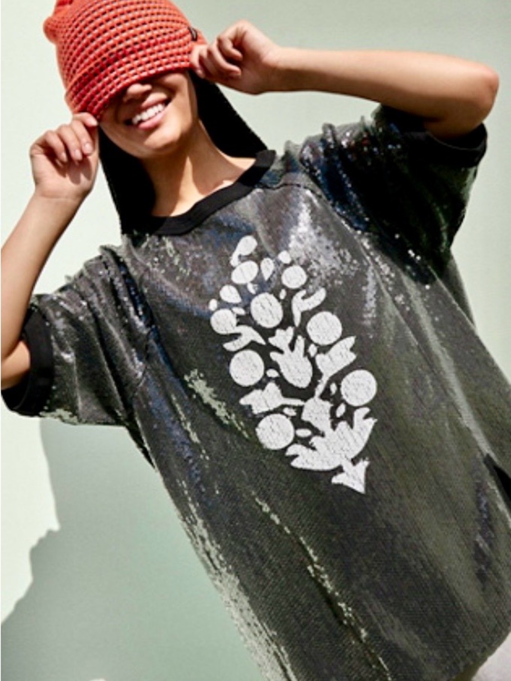 NWT!  Free People Movement Sequin Graphic Oversized Tee Dress Black White ~ M